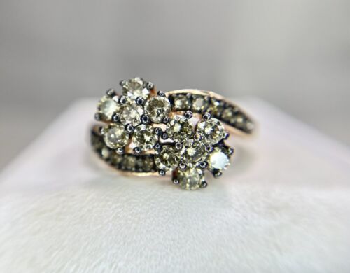 10k Rose Gold Natural Fancy Color Brown Diamond Double Flower Bypass Ring - Picture 7 of 8
