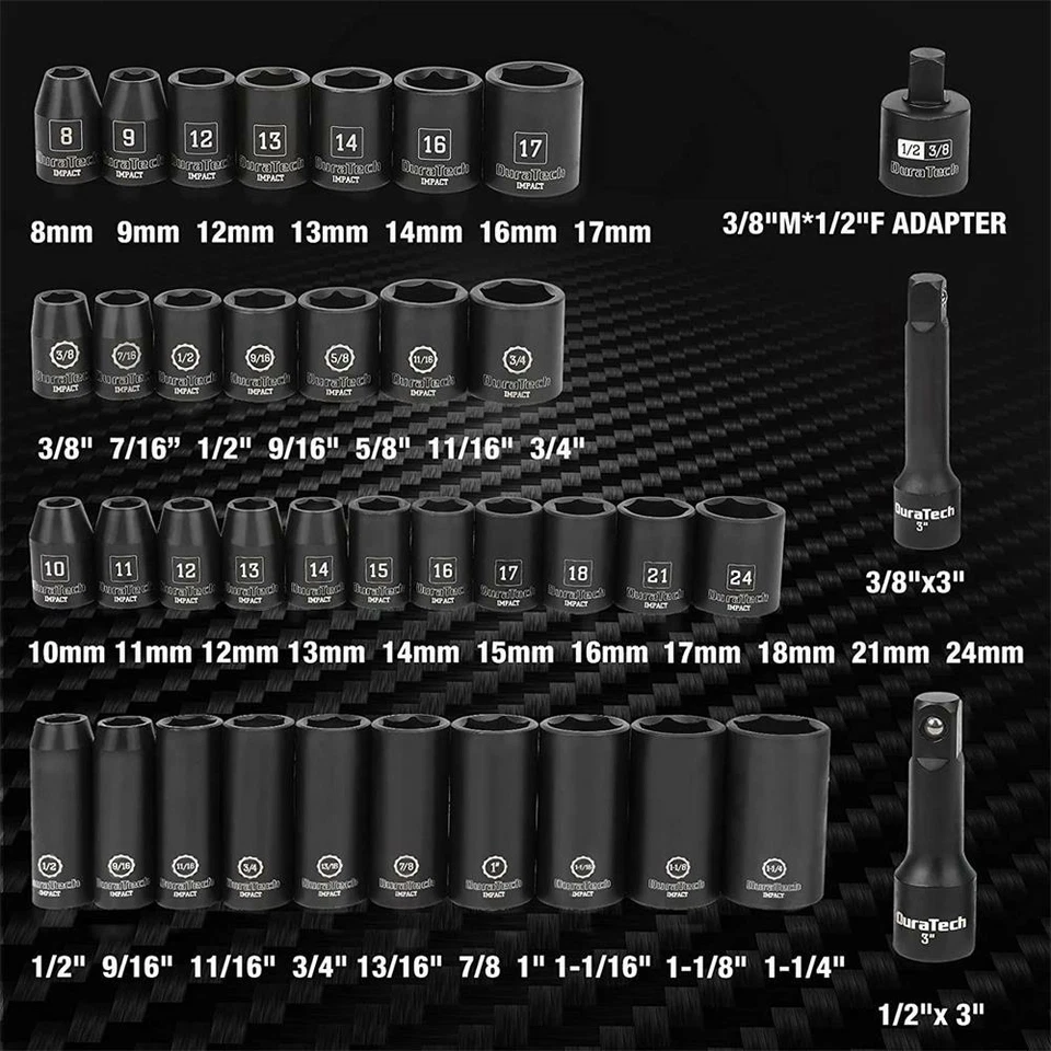DURATECH 38PC 1/2" 3/8" Drive Deep Impact Socket Set 6 Point Metric SAE Sockets - Image 4 of 4