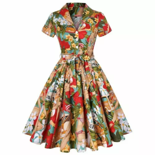Woman Ladies 40s 50s Rockabilly Vintage Style Floral Print/Plaid Cotton Dress UK - Picture 14 of 28