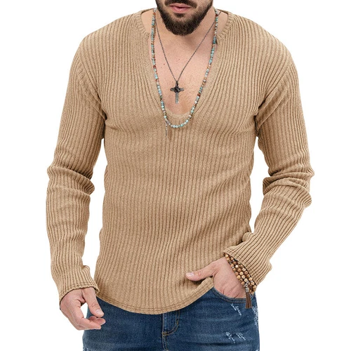 Men Long Sleeve V Neck Top Ribbed Knit T-Shirt Casual Slim Muscle Tee Blouse UK - Picture 6 of 42