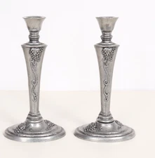 Vintage Carson Pewter Taper Candle Holder Candlesticks Pair Vineyard Grapes 7.5"