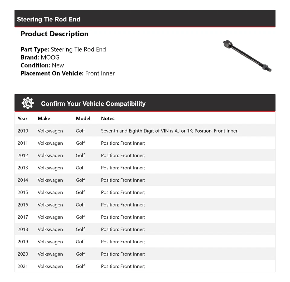 Barra de amarre interior delantera MOOG 2010 2011 para Volkswagen Golf 2010-2021 Foto 2 de 4