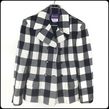 Ralph Lauren Purple Label Cashmere Wool Cream & Black Buffalo Plaid Coat Size:14