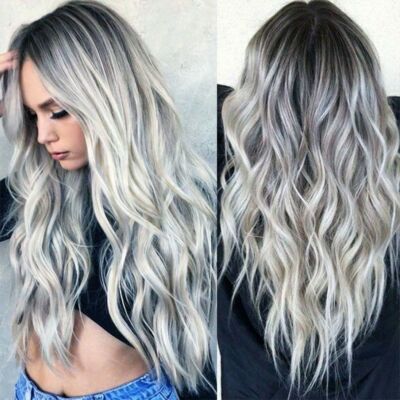 Fashion Women Long Full Wavy Wigs Gray Synthetic Curly Hair  display picture 2