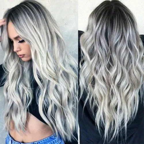 Fashion Women Long Full Wavy Wigs Gray Synthetic Curly Hair Cosplay Wig Faux
