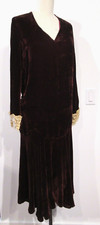 VINTAGE ANTIQUE WOMENS 1920S DROP WAIST SILK VELVET TAG DECO DRESS GOWN M F43