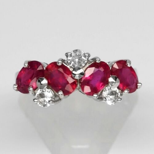 6x4mm 4pcs Rich Red Ruby Ring With White Topaz in 925 Sterling Silver - Picture 1 of 2
