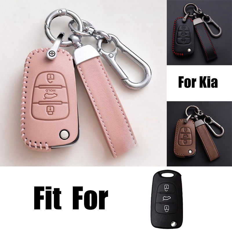 Genuine Leather Car Flip Key Fob Case Cover Bag For KIA Soul Rio Rondo  Sportage