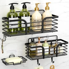 Shower Caddy Adhesive Organizer with Soap Dish Hooks Rustproof Wall Mounted Shel