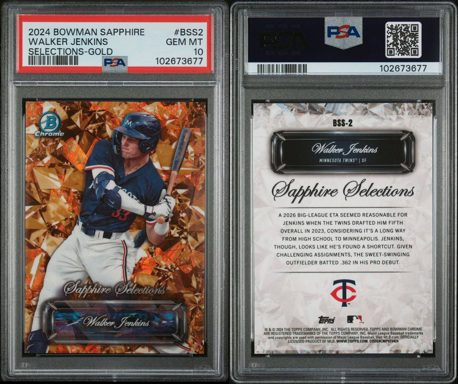 2024 Bowman Sapphire Walker Jenkins Gold Selections 24/50 PSA Gem Mint 10