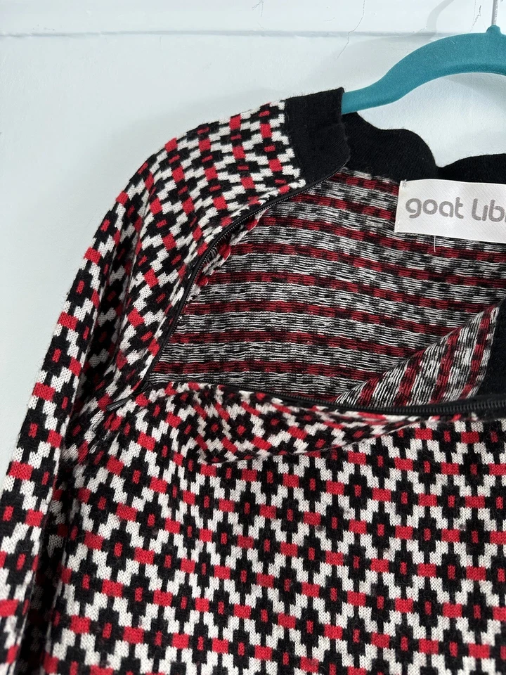Goat Library Wool Mix Red Black White Geometric Pattern Sweater Zip Detail UK14 - Image 2 of 4
