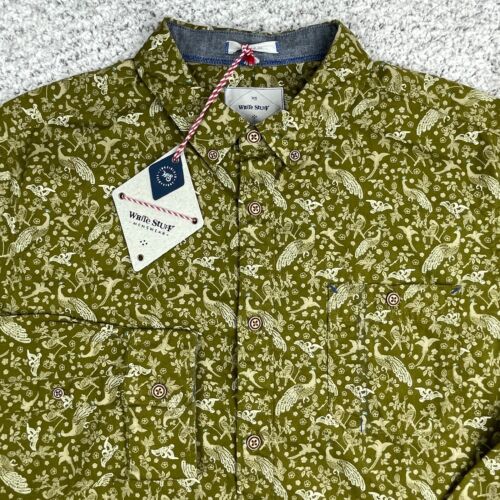 White Stuff Shirt Mens Large Long Sleeve Peacock Bird Olive Flip Cuff Button Up - Picture 4 of 9