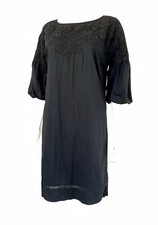 Ralph Lauren Black Cotton Voile Floral Embroidered Puff Slv Shift Dress Size 6