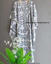 Women Hippie Cotton Summer Sleepwear Ikat Print Gray Long Maxi Caftan Dress