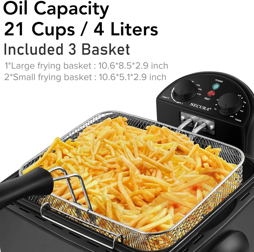 Secura 1700-Watt Stainless-Steel Triple Basket Electric Deep 4.4 quart, Black  - Image 3 of 4