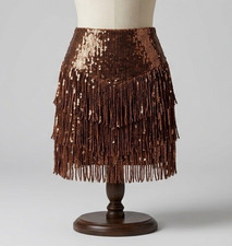 Anthropologie Maeve Sequin Fringe Mini Skirt Rose Gold Bronze 6 Flapper Party