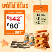 Small Himalayan Dog Chew Bulk pack 15 pc yak chews + 5 pc antlers + 2pkt puffs