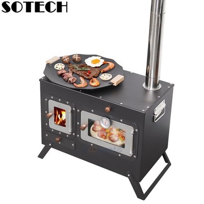 SOTECH Large Black Portable Camping Stove w/ Oven & Chimney for Hot Tent Outdoor