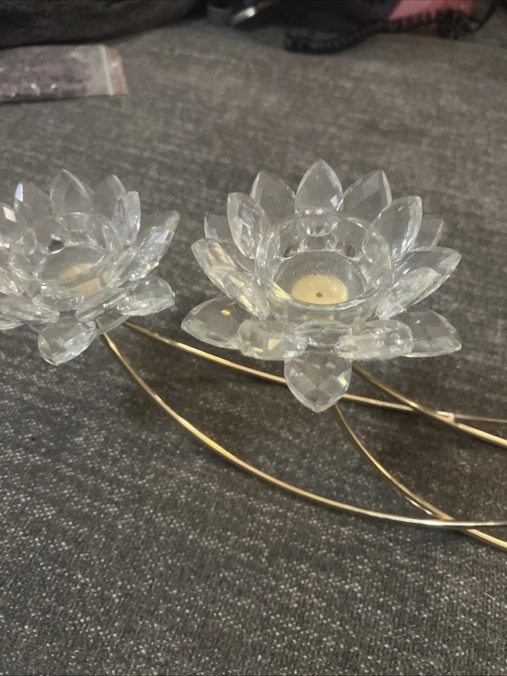 Home Lotus Flower 4 Candle Holder Glass Gold Metal Stand - Image 3 of 4