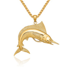 14K Solid Yellow Gold Blue Marlin Fish Necklace