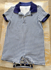 Ralph Lauren Romper Baby Boys 12 Mon Blue Print Short Sleeve Collared Onsie