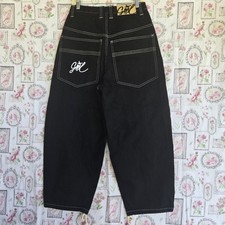 Y2K Black Baggy Jeans Wide Leg Contrast Stitch Embroidered Gone Logo Size Small