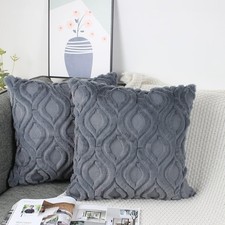 Image of NIULAA Pack of 2 Soft Fluffy Faux Fur Cushion Covers 16x16 Dark Grey Embroidere