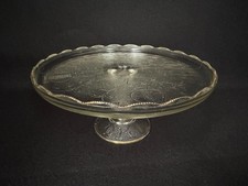 Vintage Jeanette Glass Harp Design Gold Scalloped Rim Cake Stand Pedestal Plate
