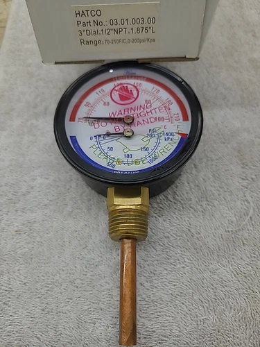 Hatco 3" Dial 1/2"npt, Range 70-210F Psi 0-200 Pn:03.01.003.00 Guage Temp/pres.