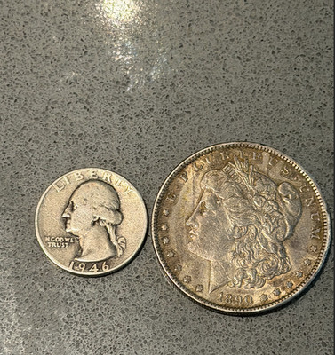 1890 $1 Morgan Silver Dollar +1946 silver quarter as bonus
