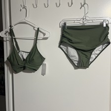 New Fashion Olive Green Bikini Set High-Waisted Bottom Pullover Top Size S NWT