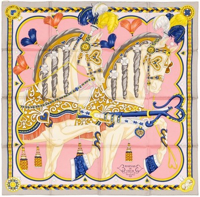 Auth. Hermes Silk Scarf Harnais De Coeur - Gris Perle Rose Bonbon - New With Tag