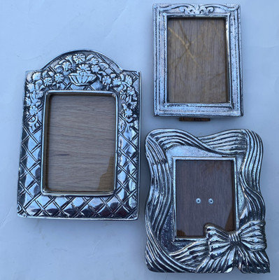 3 Pewter* Picture Photo Frames ~ Mantle Wood Easel Backing ~ Made