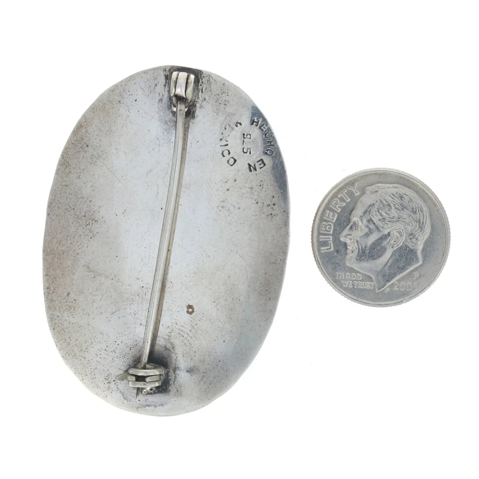 Broche de ópalo de fuego mexicano de plata de ley - Prendedor de corte abierto cabujón ovalado 925 Foto 4 de 4