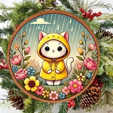 Yellow Raincoat Kitten Theme Sign- Aluminum Foil Engraved Wall Art Decoration,Su