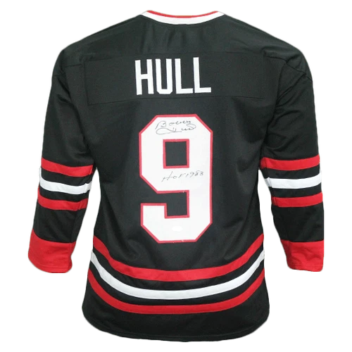 Bobby Hull Signed HOF 1983 Inscription Chicago Black Hockey Jersey (JSA)