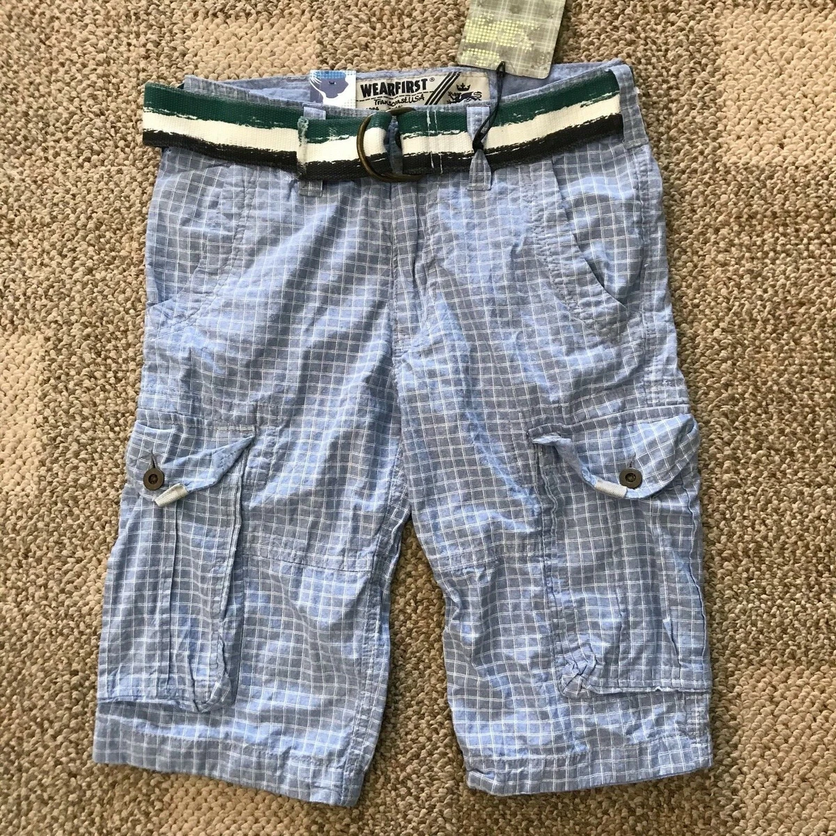 Wearfirst Young Mens Cargo Shorts Light Blue Check Size 28 Belt