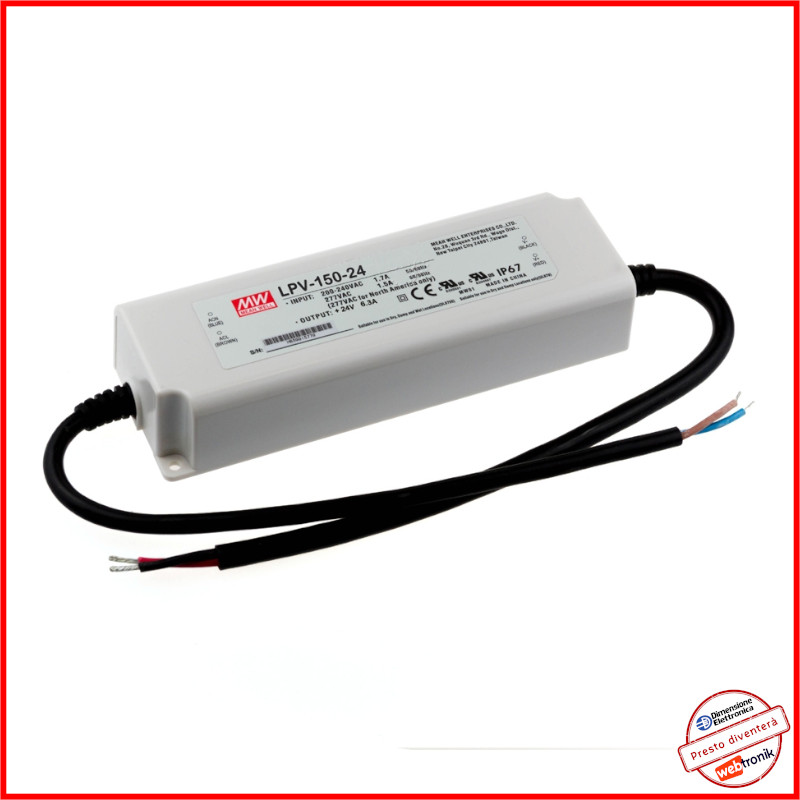 Alimentatore LED 24V 150W Mean Well LPV-150-24 IP67 Professionale