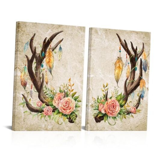 2 Pieces Deer Antler Wall Art Farmhouse Bedroom Decor Abstract Feather Floral