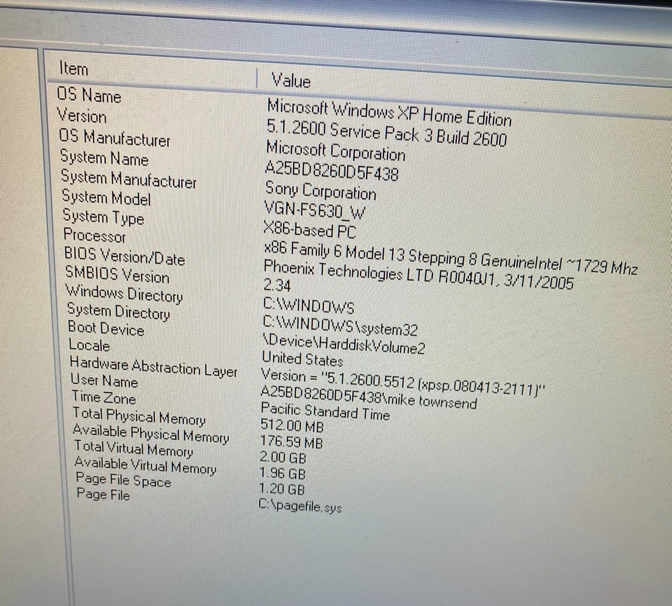 Portátil Sony VGN-FS630/W de colección_CPU Intel Pentium M @ 1,73 GHz_504 MB RAM_80 GB. Foto 4 de 4