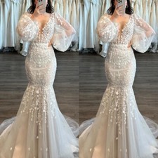 Mermaid Lace Wedding Dresses 3D Flowers Elegant Long Sleeves Tulle Bridal Gowns