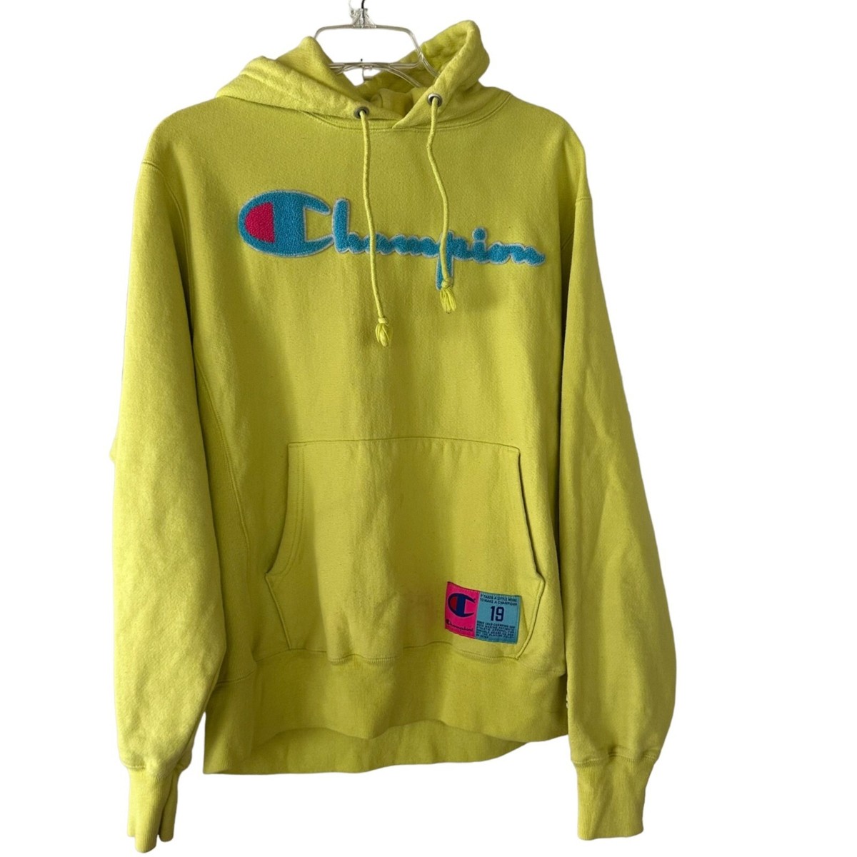 Champion Neon Reverse Weave Hoodie Medium Yellow Blue Spellout Athletic  Sporty