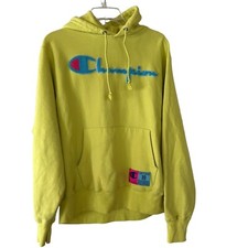 Champion Neon Reverse Weave Hoodie Medium Yellow Blue Spellout Athletic Sporty