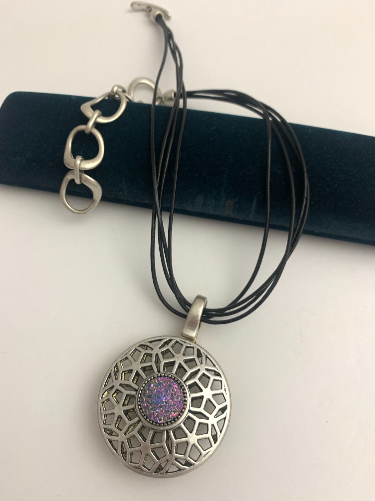 Black Leather Multi-String Silver Pendant Necklac… - image 2