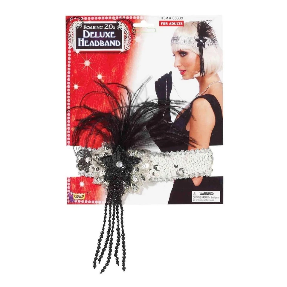 Diadema con aleta disfraz de lentejuelas plateadas para adulto con plumas negras talla única Foto 3 de 3