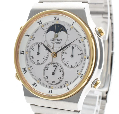 Vintage [NOS] Seiko Moon Phase Chronograph 7A48-7000 Quartz Date Men's Watch