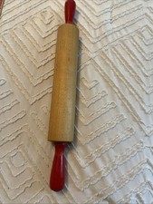 Vintage 1930's All Wood Rolling Pin with Red Handles 16" Long 2" Roll Farmhouse