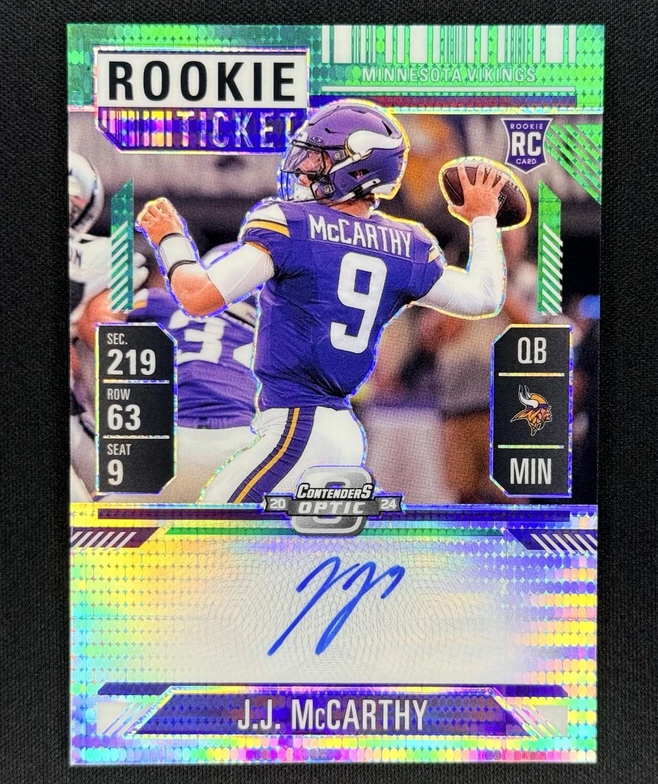 JJ MCCARTHY 2024 CONTENDERS OPTIC #101ROOKIE TICKET AUTO GREEN PULSAR PRIZM /30