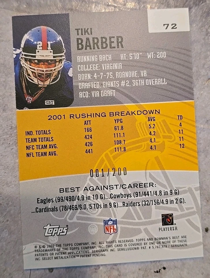 2002 Bowman's Best Tiki Barber Red Foil Refractor #1 Of 200  Card #72 - Image 2 of 2