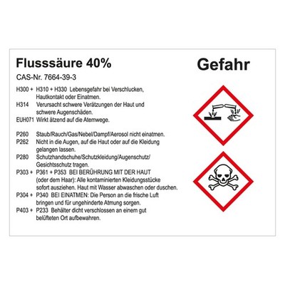 GHS Aufkleber Gefahrstoffetikett Flusssäure 40% Folie 148x105 mm 100 Stück/Rolle
